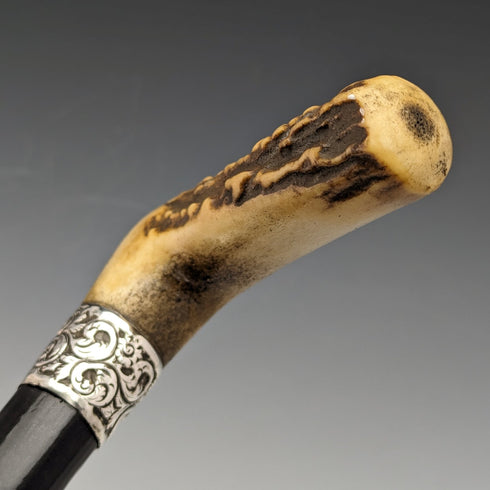 1894 British Antique Men's Cane Sterling Silver Decorated Antler Handle Black Shaft 84cm